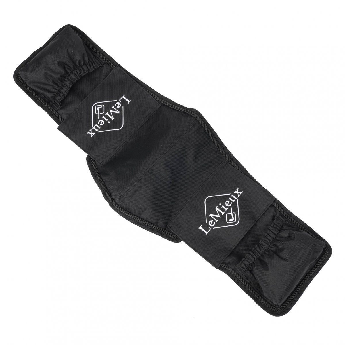 Black stirrup leathers cover with LeMieux branding, elastic edges.