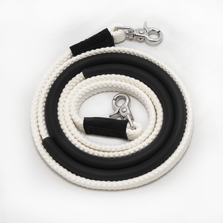 Thinline white and black coiled rope with metal clasp.