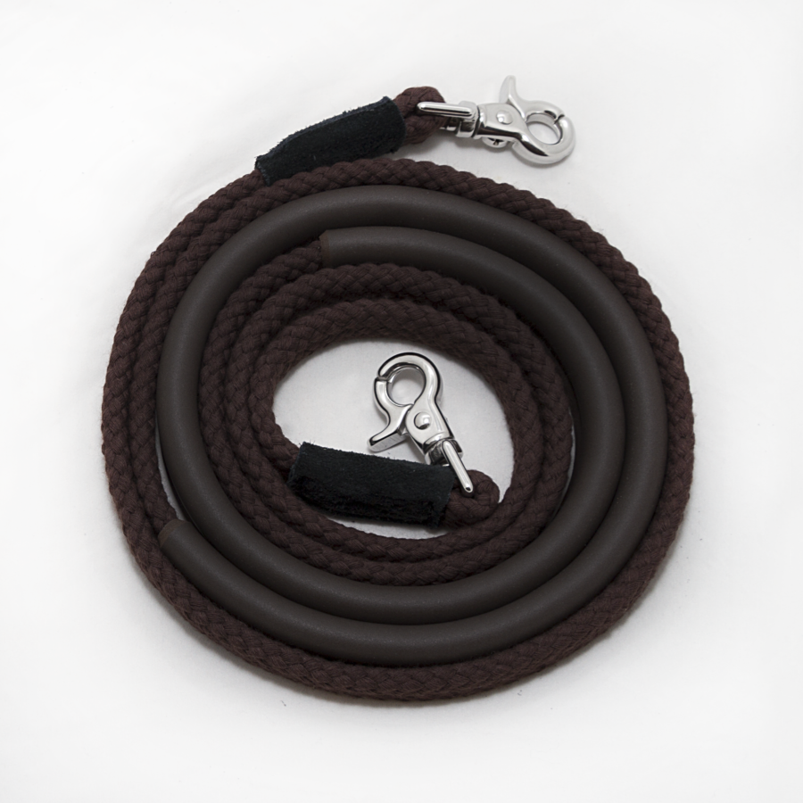 Thinline brown coiled rope leash with metal clasps.