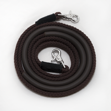 Thinline brown coiled rope leash with metal clasps.