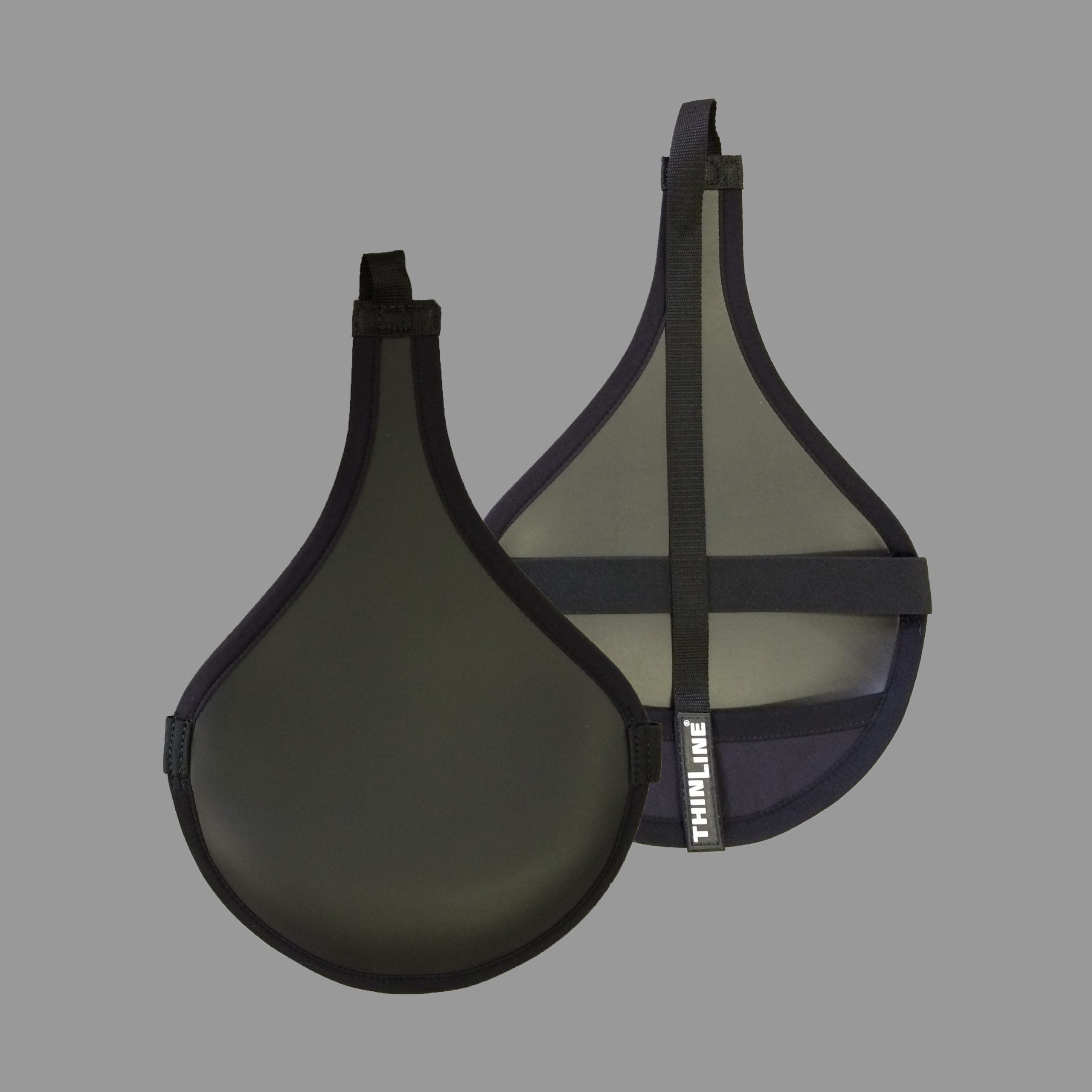 Thinline black half-moon-shaped tool with strap and handle.