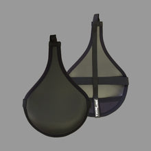 Thinline black half-moon-shaped tool with strap and handle.