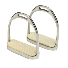Two shiny stainless steel stirrup leathers with yellow grip pads.