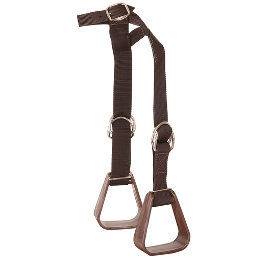 Brown horse riding stirrups with adjustable straps, no visible brand.