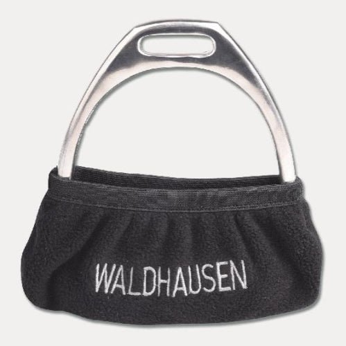 Stainless steel stirrup leathers with black padding and Waldhausen branding.
