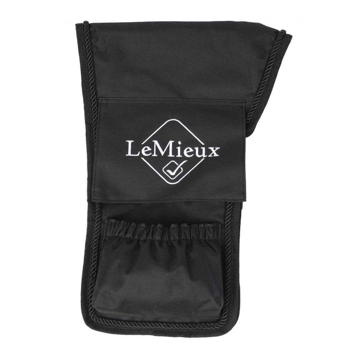 Black LeMieux branded stirrup leathers storage bag on white background.