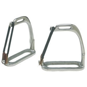 Pair of shiny metal stirrup leathers for horse riding gear.
