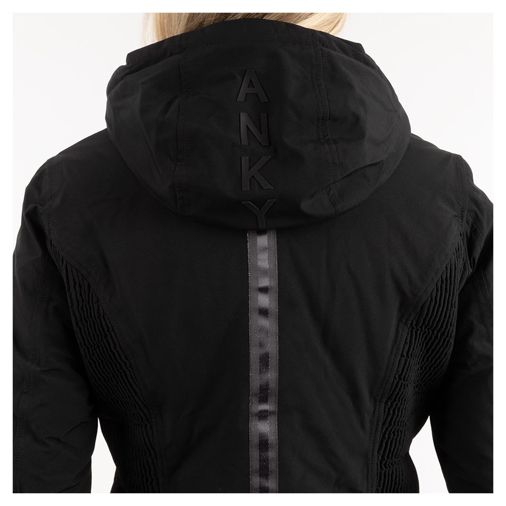 Back view of black ANKY jacket with brand logo on collar.