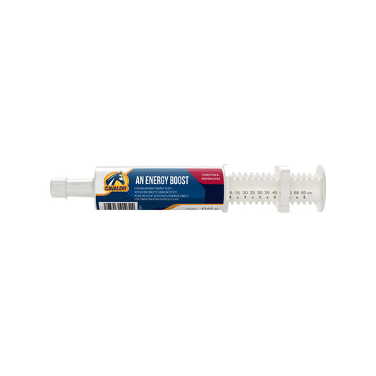 Cavalor Equicare energy boost syringe for equine performance support.
