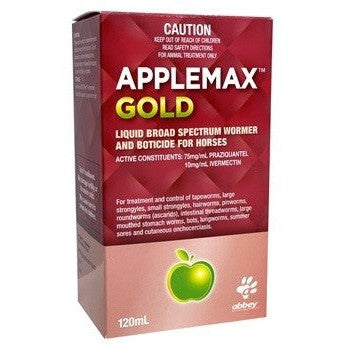 Box of APPLEMAX GOLD liquid horse wormer and boticide.