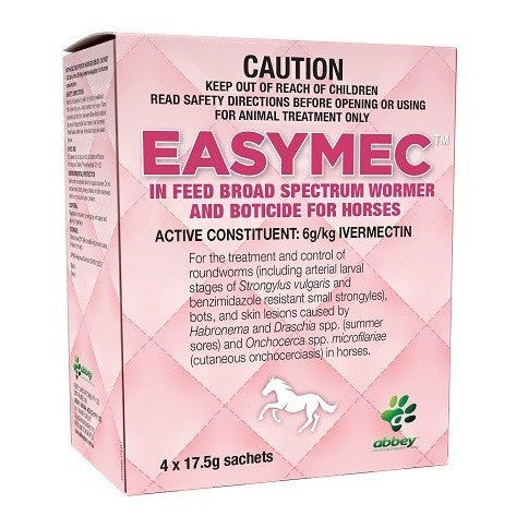 Box of Easymec horse wormer, pink packaging, for broad spectrum treatment.