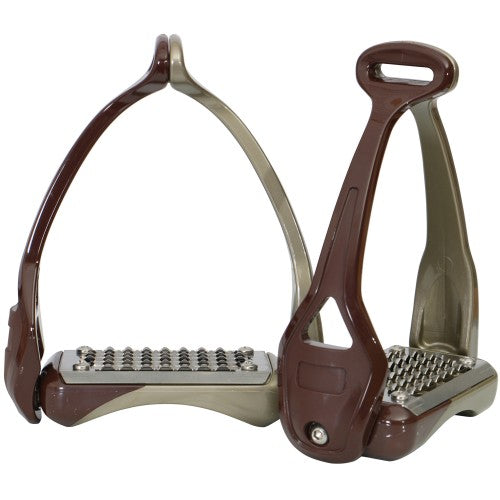 Brown and silver safety stirrup leathers for horse riding.
