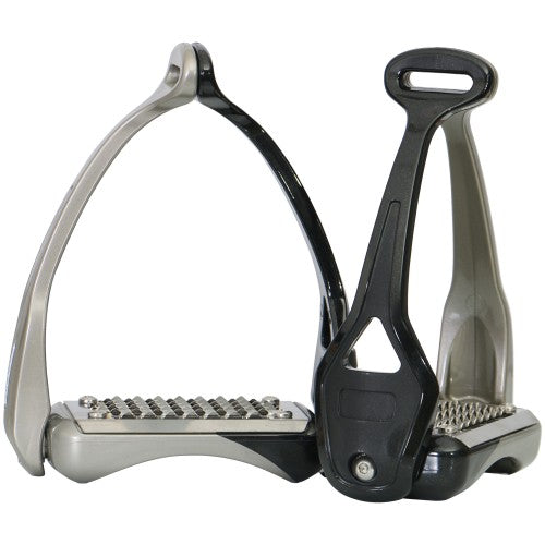 Black and silver stirrup leathers for horse riding, modern design.