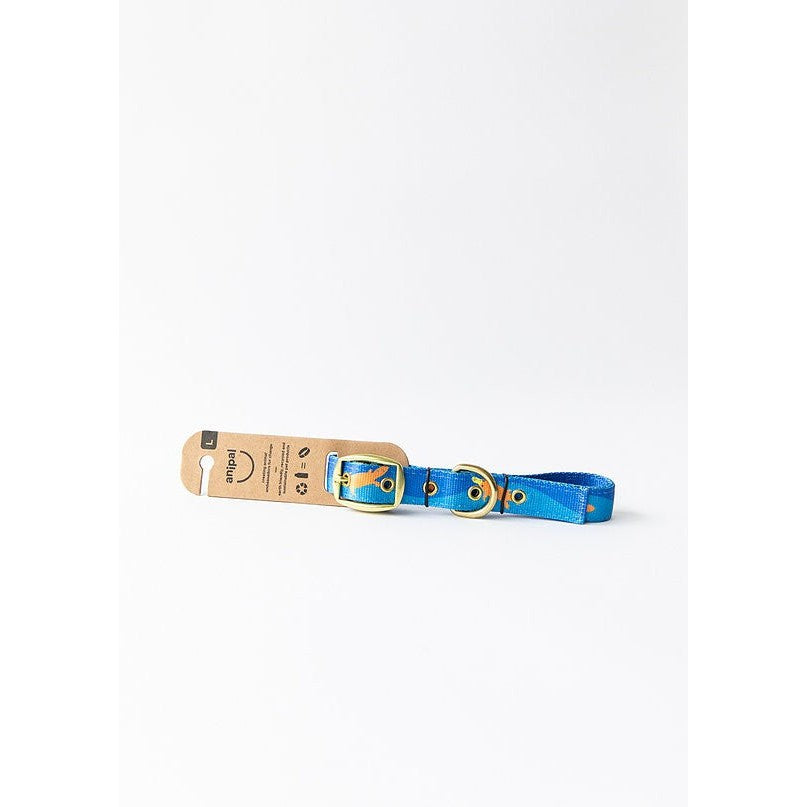 Anipal brand blue dog collar with tags on white background.