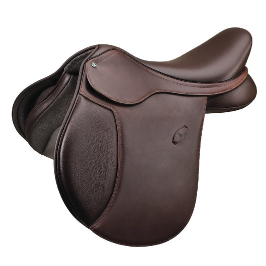 Arena Saddles brown leather horse saddle on white background.