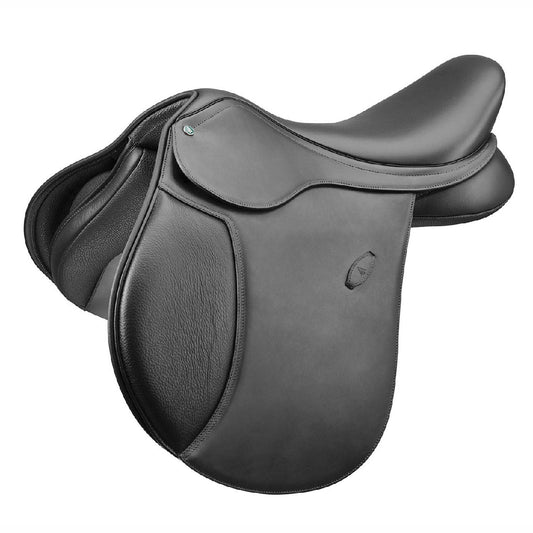 Arena Saddles brand new black leather horse saddle, isolated on white.