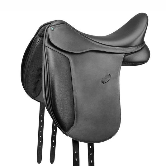 Arena Saddles brand black leather horse saddle on white background.