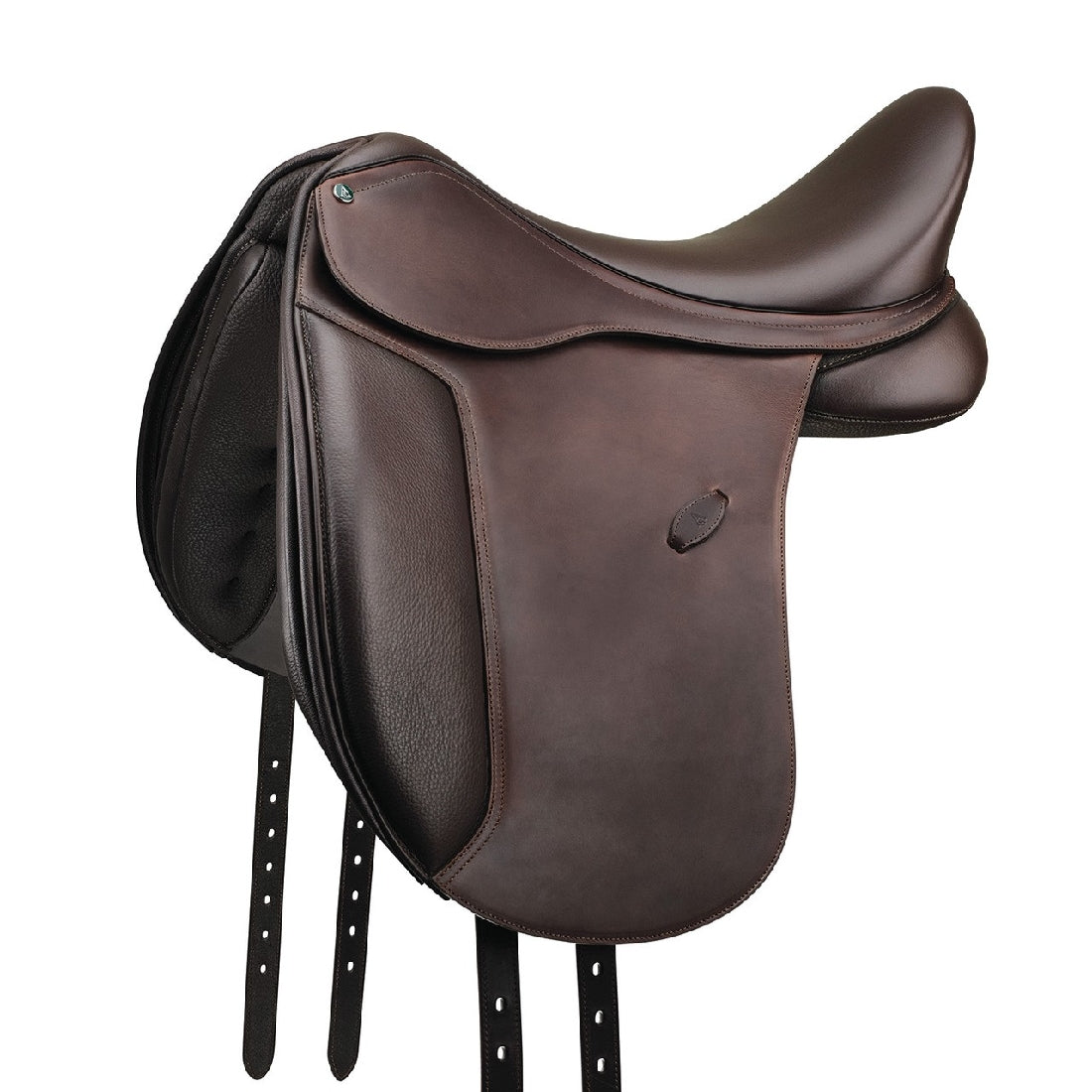Arena Saddles brand dark brown leather horse saddle isolated on white.