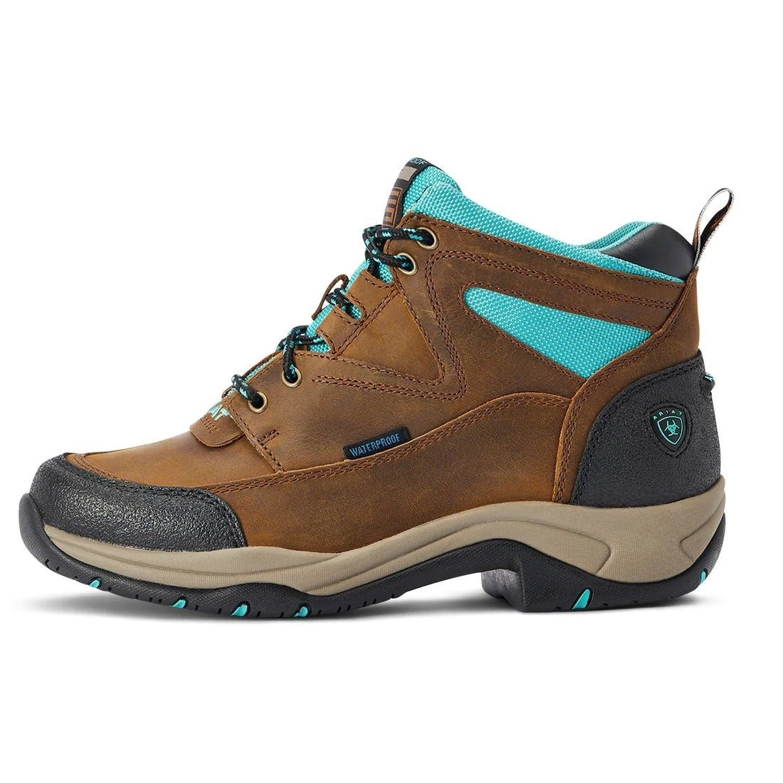 Brown and Turquoise Ariat Terrain H20 Boots for Women-Ascot Saddlery-The Equestrian