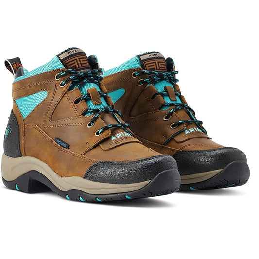 Brown and Turquoise Ariat Terrain H20 Boots for Women-Ascot Saddlery-The Equestrian