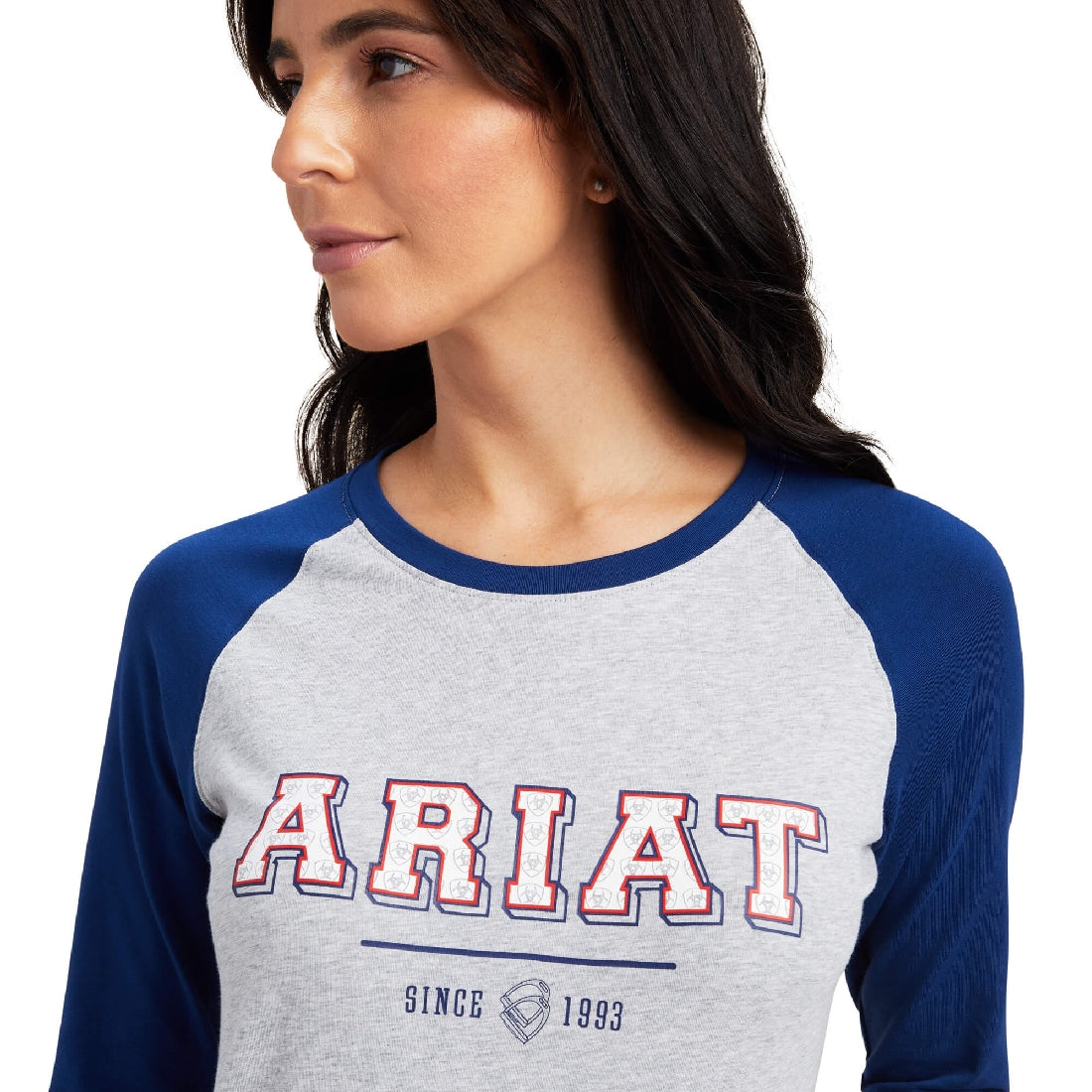 Tee Shirt Ariat Varsity Long Sleeve Blue/grey A23 Ladies-Ascot Saddlery-The Equestrian