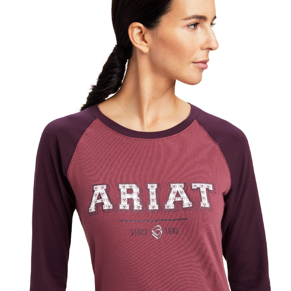 Tee Shirt Ariat Varsity Long Sleeve Mulberry/pink A23 Ladies-Ascot Saddlery-The Equestrian