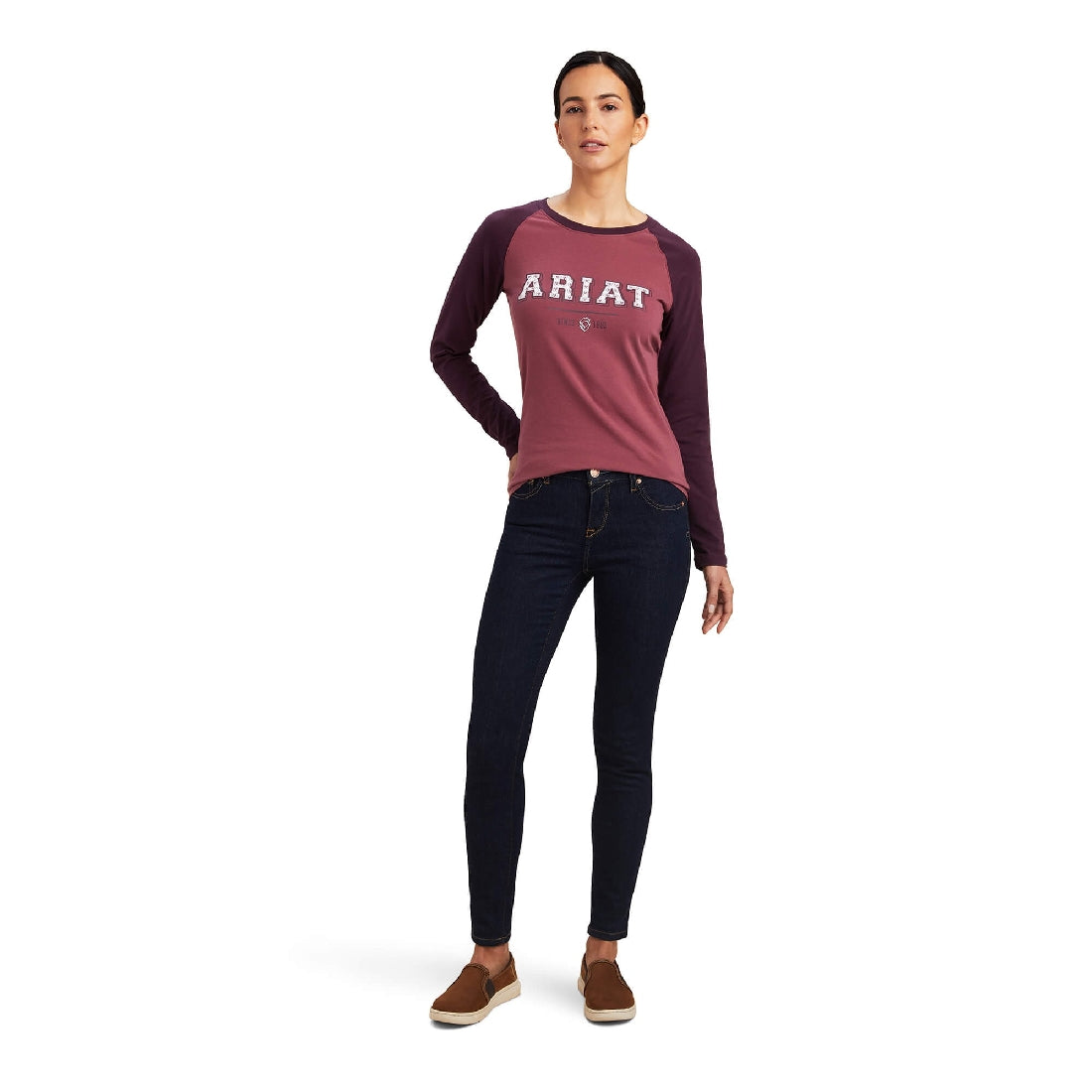 Tee Shirt Ariat Varsity Long Sleeve Mulberry/pink A23 Ladies-Ascot Saddlery-The Equestrian