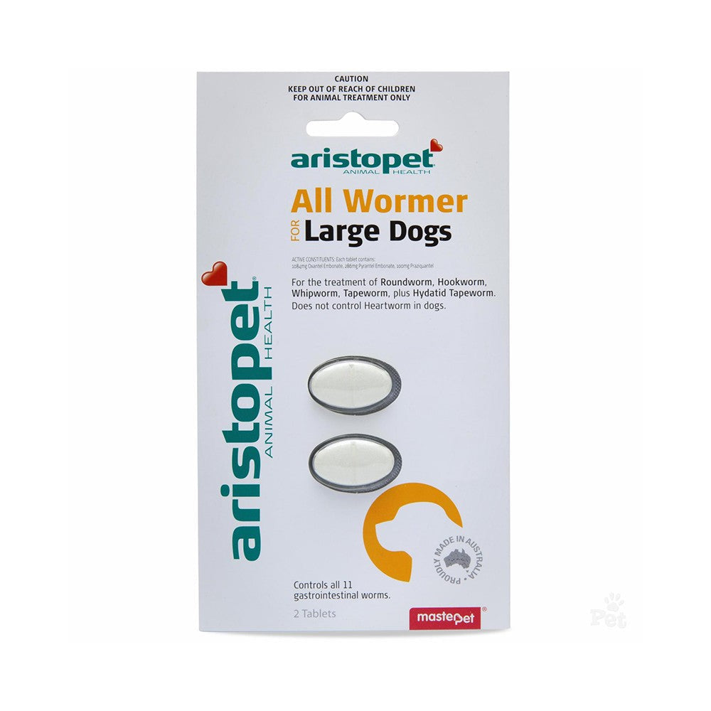 Aristopet All Wormer medication package for large dogs with two tablets.