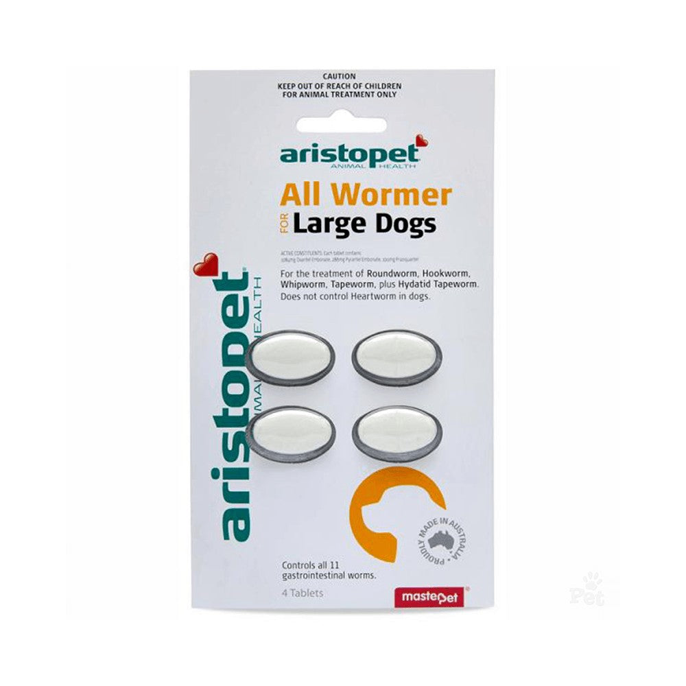 Aristopet All Wormer medication package for large dogs with four tablets.