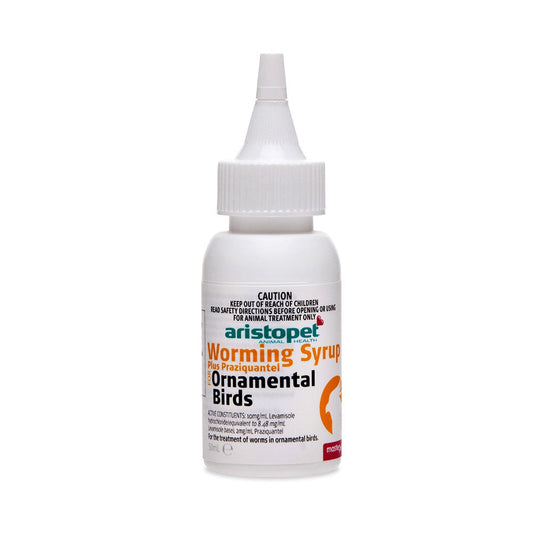 Aristopet worming syrup bottle for ornamental birds treatment.