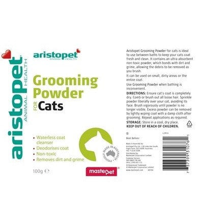 Aristopet brand cat grooming powder packaging, 100g size, green and white.