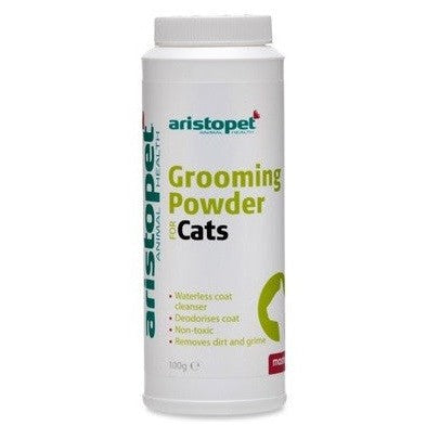 Aristopet brand grooming powder for cats in white container.