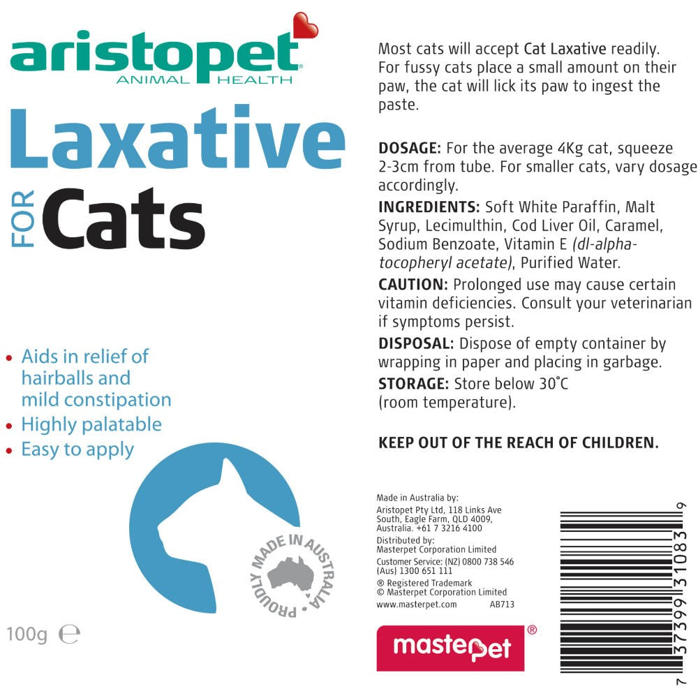 Aristopet brand laxative for cats packaging with dosage and ingredients.