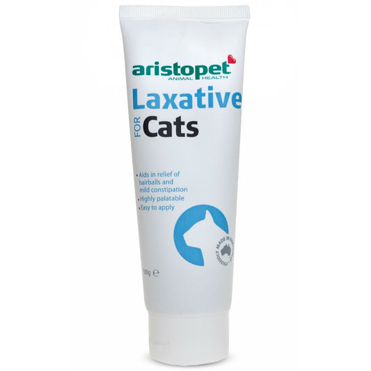 Aristopet brand cat laxative in a white and blue tube.