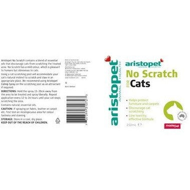 Aristopet No Scratch Cats spray bottle label, green and white design.