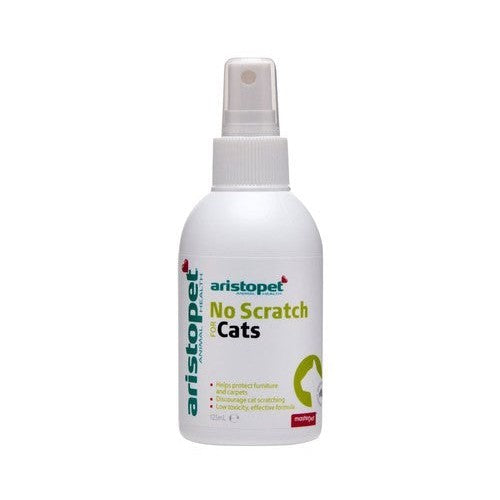 Aristopet No Scratch spray bottle for cats, white background.