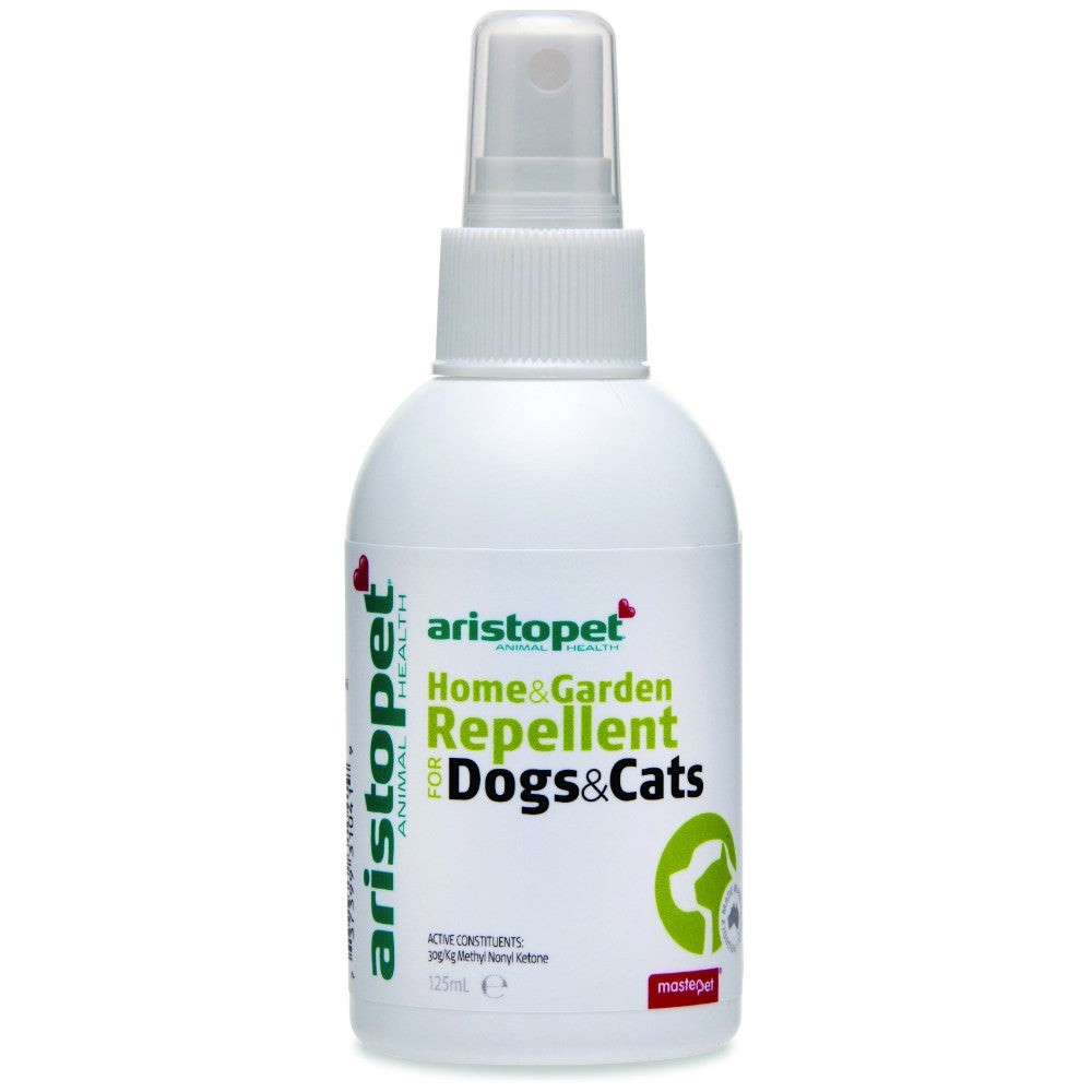 Aristopet repellent spray bottle for dogs and cats, white background.