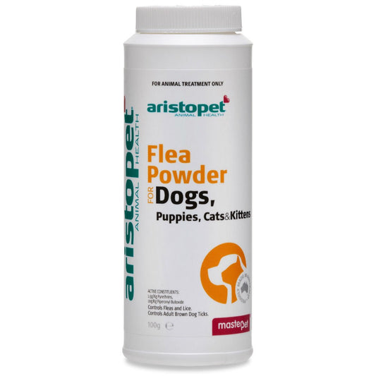 Aristopet Flea Powder for Dogs, Puppies, Cats, and Kittens bottle.