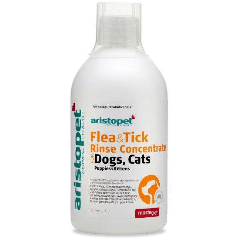 Bottle of Aristopet Flea & Tick Rinse Concentrate for pets.