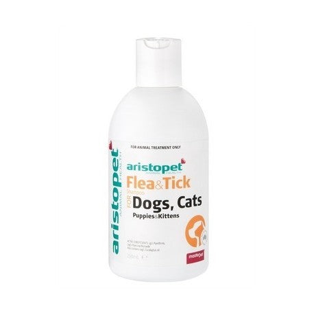 Aristopet flea and tick treatment bottle for dogs and cats.