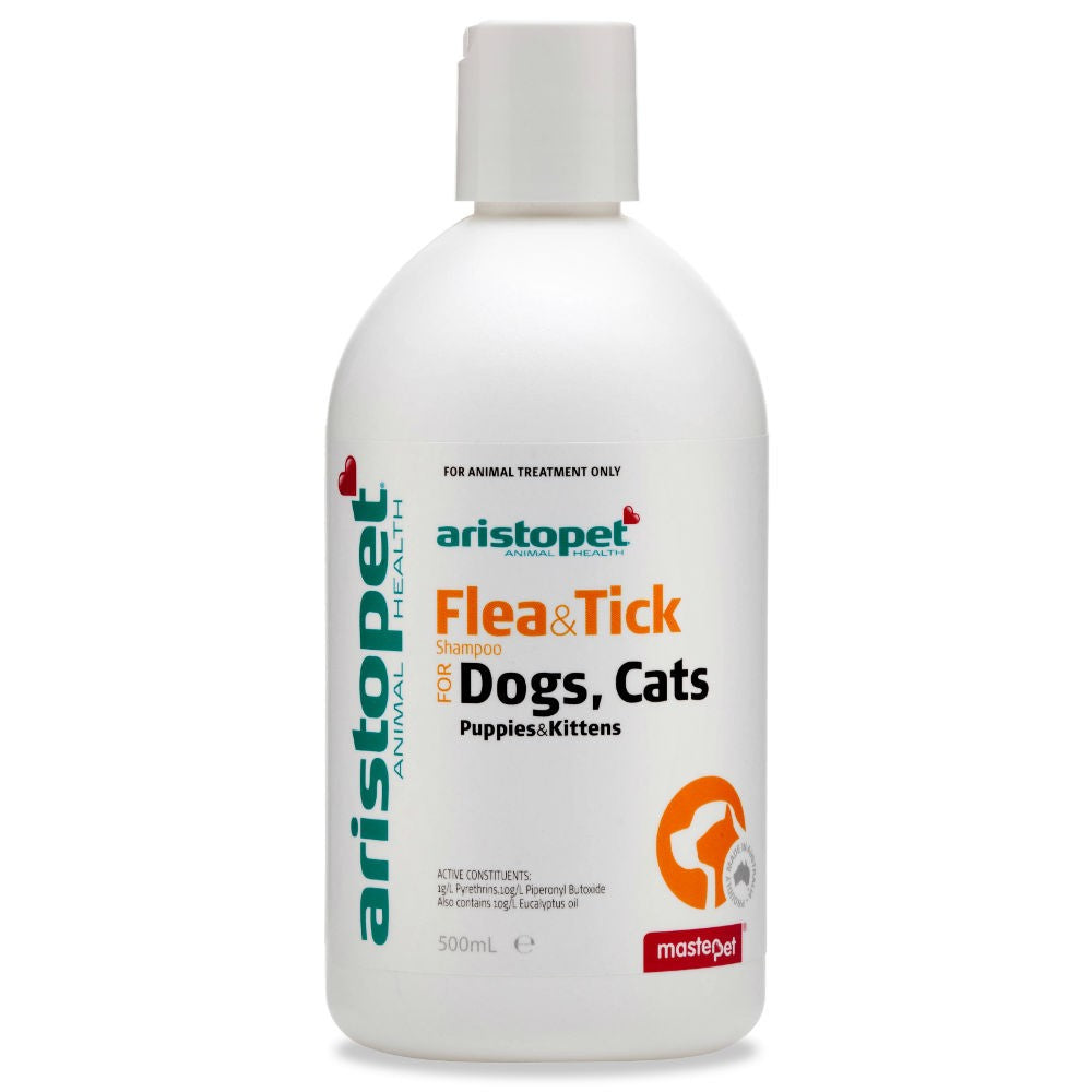 Aristopet brand flea and tick shampoo bottle for dogs and cats.