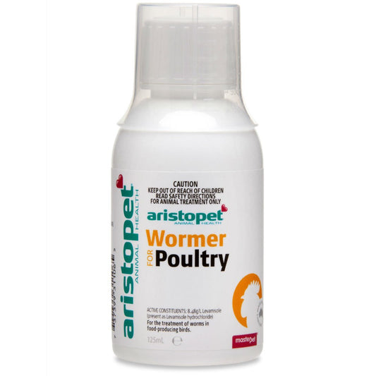 Aristopet Wormer for Poultry medication bottle, 125ml, white background.