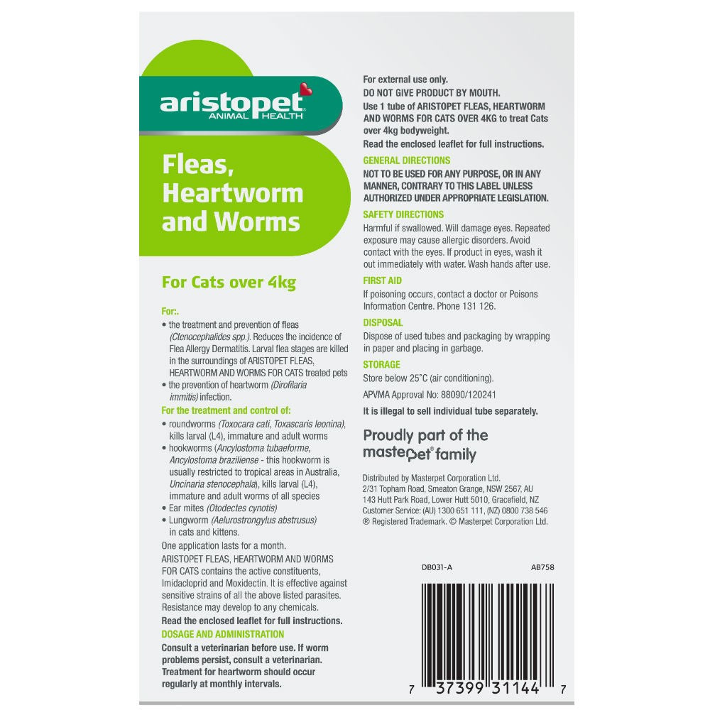 Aristopet flyer detailing flea, heartworm, and worm treatment for cats.