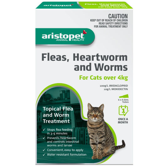 Aristopet flea, heartworm, worm treatment for cats product packaging.