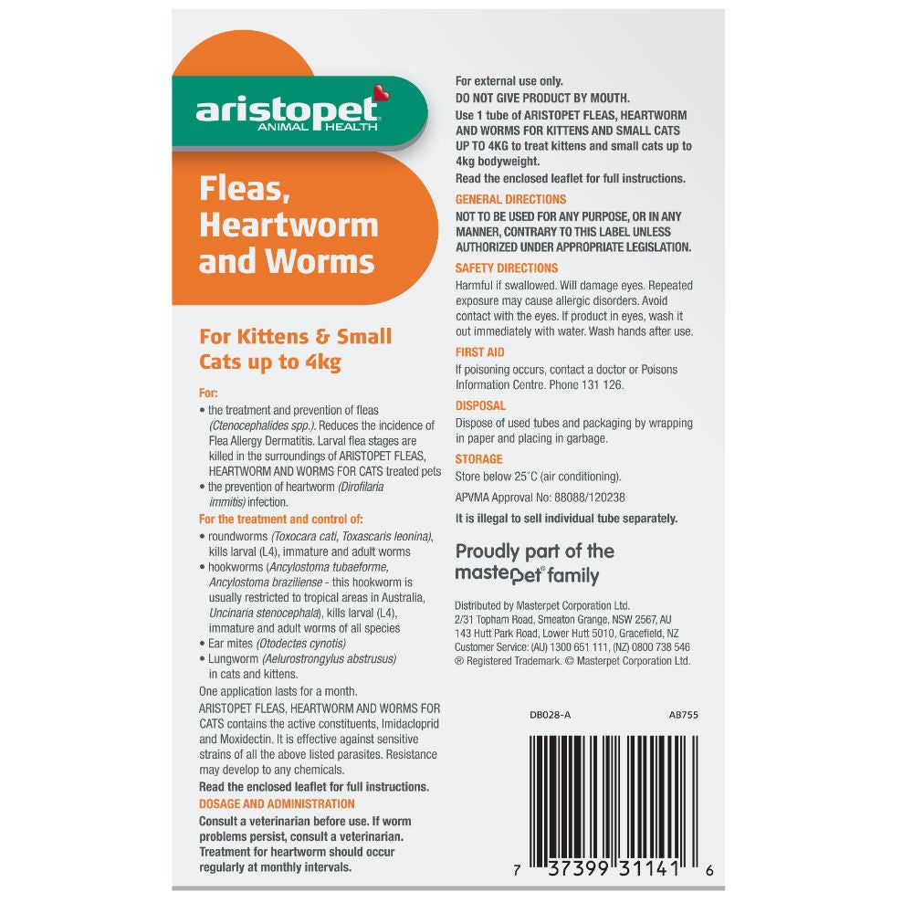 Aristopet medication for kittens: treats fleas, heartworm, and worms.