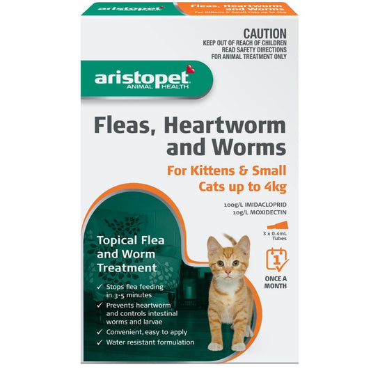 Aristopet flea, heartworm treatment for small cats packaging.