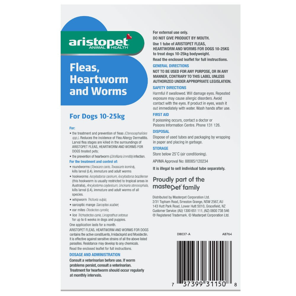 Aristopet medication for fleas, heartworm, and worms for dogs 10-25kg.