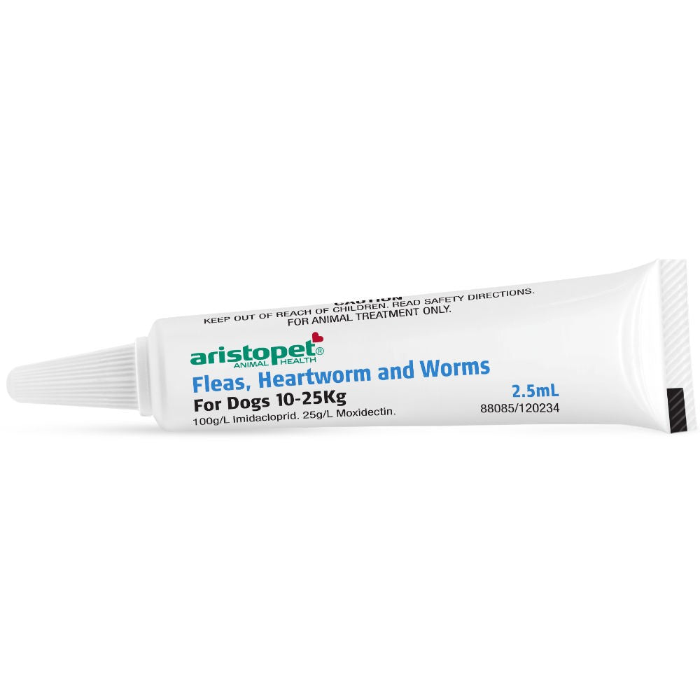 Aristopet medication tube for dogs against fleas, heartworm, and worms.