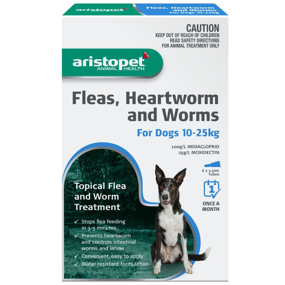 Aristopet dog flea, heartworm, and worm treatment package for medium dogs.