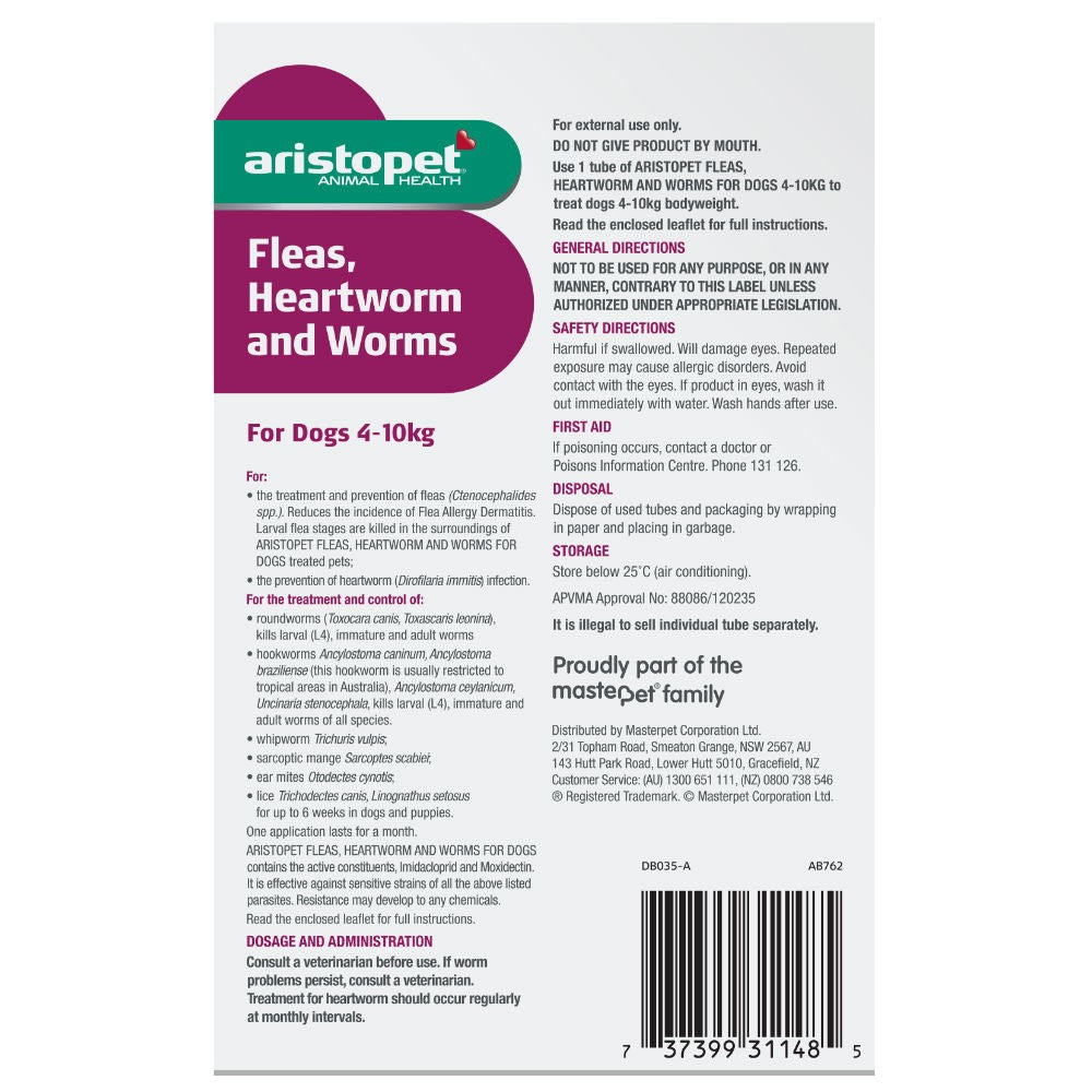 Aristopet product packaging for flea, heartworm, and worm treatment.